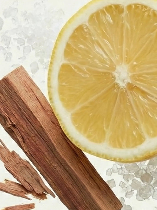 Zitrone, Salz und Zedernholz vor einem hellen Hintergrund.