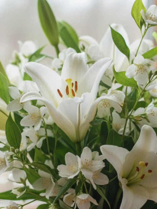 Nahaufnahme eines Blumenstrausses mit Lilien und Jasmin. Dazwischen etwas Petitgrain.