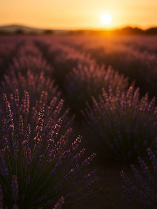 Lavendelfeld in der Abenddämmerung. Im Hintergrund sieht man etwas verschwommen ein paar Hügel.
