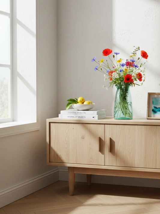 Vase aus recycling Glas auf einem Sideboard aus Holz. In der Vase gibt es einen Strauss aus Wildblumen. Auf dem Sideboard sind ein paar Bücher, eine Schale mit Zitronen und ein Bild aufgestellt. Es scheint leicht die Sonne ins Zimmer.
