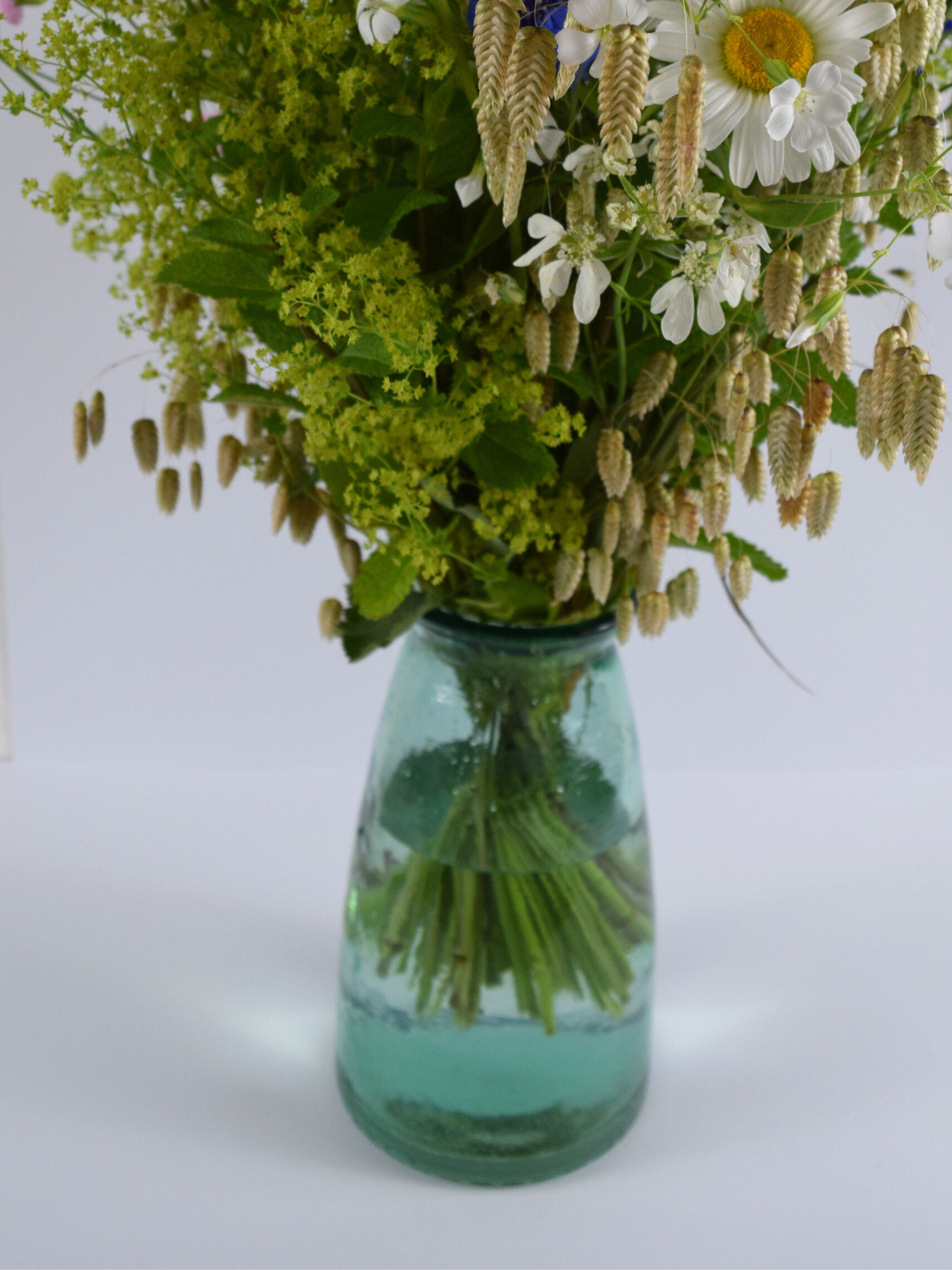 Bläuliche, grosse Vase mit einem wilden Sommerstrauss auf weissem Hintergrund