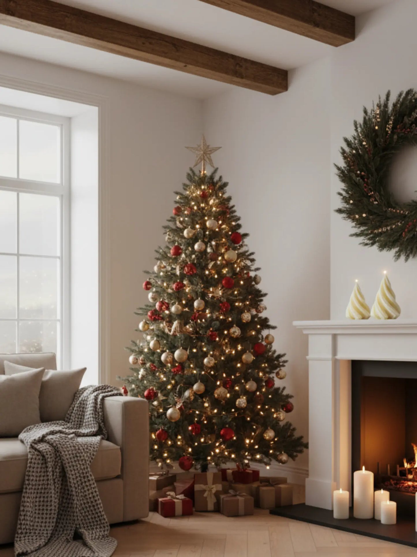 Weihnachtlich dekoriertes Wohnzimmer. Auf der rechten Seite steht ein Kamin mit Kerzen davor und Weihnachtsbaumkerzen darauf. Über dem Kamin hängt ein grosser Kranz. Daneben steht ein geschmückter Weihnachtsbaum.