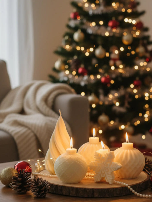 Auf einem Couchtisch aus Holz stehen verschiedene Kerzen mit weihnachtlichen Motiven auf einer Holzplatte. Im Hintergrund ist eine geschmückter Weihnachtsbaum und ein graues Sofa zu sehen.