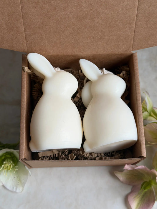Zwei Osterhasen Kerzen in einer Geschenkschachtel aus Karton.