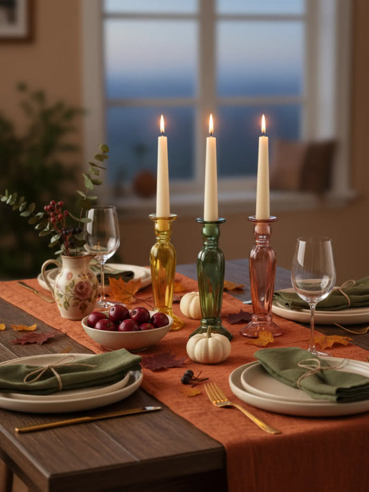 Herbstlich, gedeckter Tisch mit drei Kerzenhaltern in grün, rosa und bernstein mit brennenden Stabkerzen.