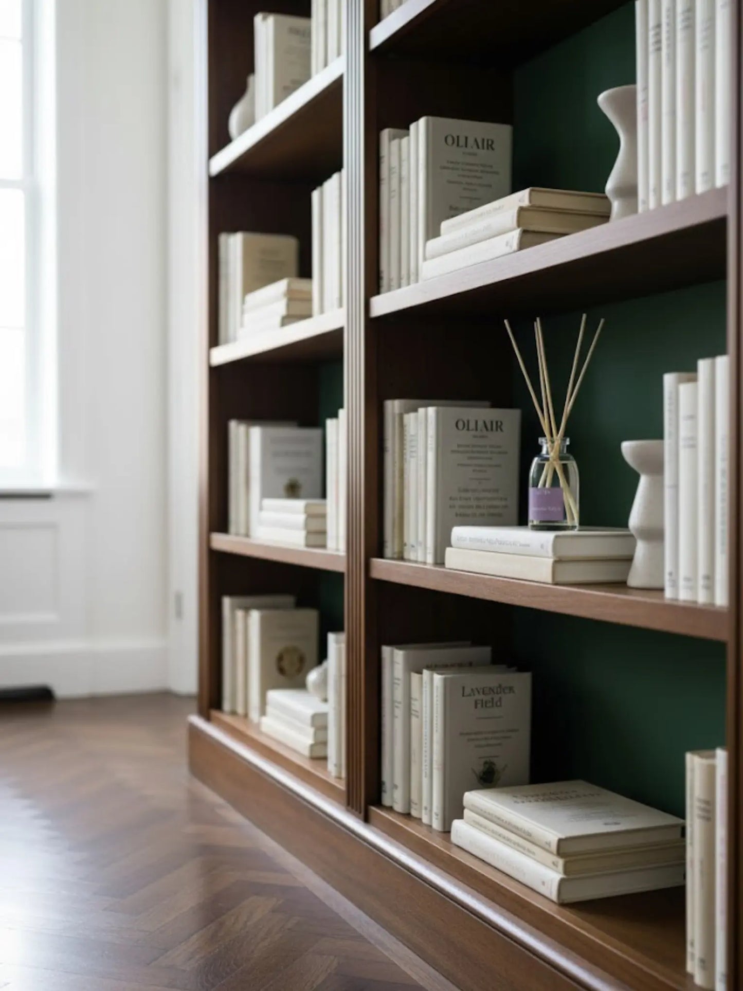 Büchergestell in dunklem Holz. Der Hintergrund ist ein dunkles waldgrün. Das Büchergestell ist voller Bücher. Darin steht der Raumduft Lavender Field.