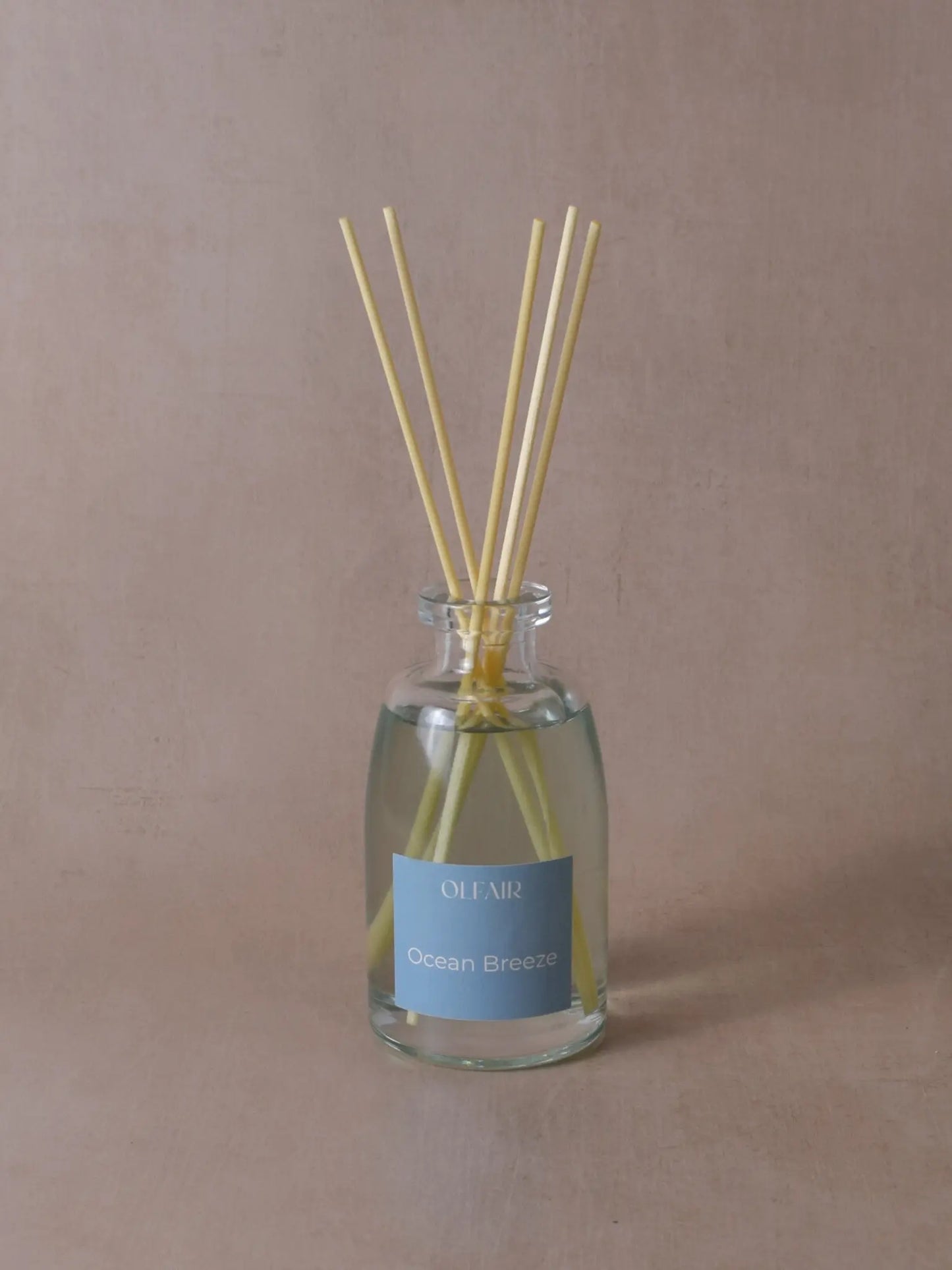 Grosser Raumduft mit Stäbchen und einem ozeanblauem Etikett vor einem beigen Hintergrund.