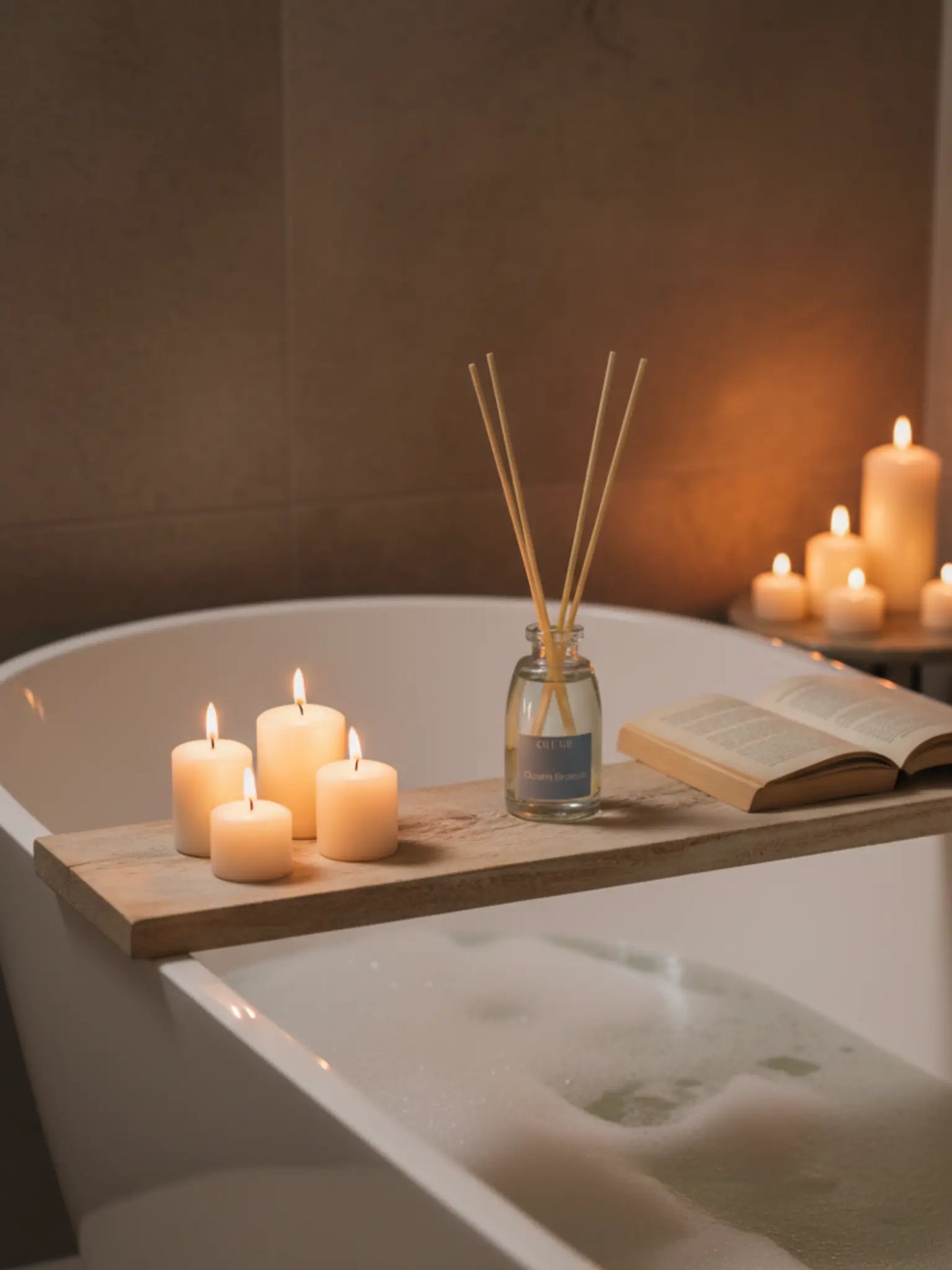 Eine Badewanne gefüllt mit Wasser. Darüber ein Holzbrett mit einigen Kerzen, einem Buch und dem Raumduft Ocean Breeze. Im Hintergrund sind mehr Kerzen zu sehen.