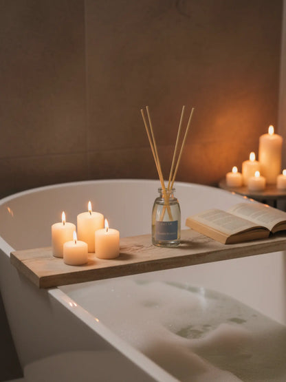 Eine Badewanne gefüllt mit Wasser. Darüber ein Holzbrett mit einigen Kerzen, einem Buch und dem Raumduft Ocean Breeze. Im Hintergrund sind mehr Kerzen zu sehen.