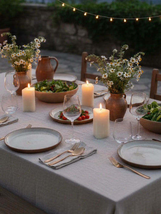 Kleine, dreieckige Kerzen mit feinen Rillen auf einem gedeckten Tisch mit Salat und Blumen. Der Tisch steht auf einer Terrasse. Es ist bereits am Eindunkeln.