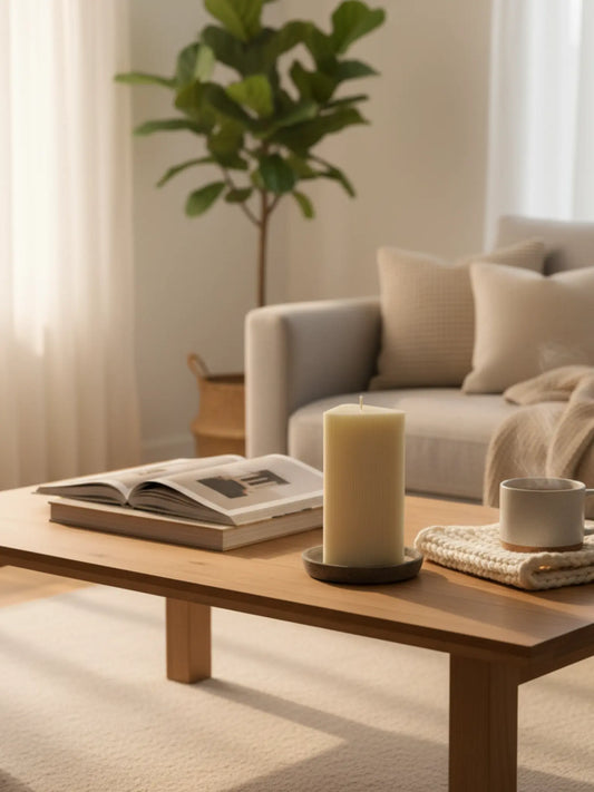 Grosse, dreieckige Zylinderkerze mit feinen Rillen auf einem Coutisch aus Holz. Der Tisch steht auf einem weissen Teppich und im Hintergrund ist eine Couch und eine Pflanze zu sehen.