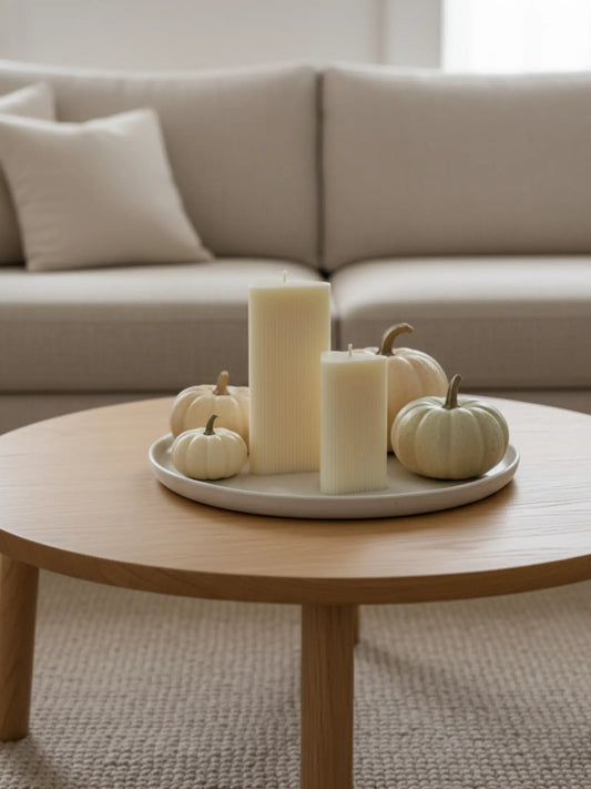 Grosse und kleine, dreiecke Kerzen auf einem weissen Kerzenteller auf einem hellen Holztisch. Daneben stehen einige Kürbise. Im Hintergrund ist ein helles Sofa zu sehen.