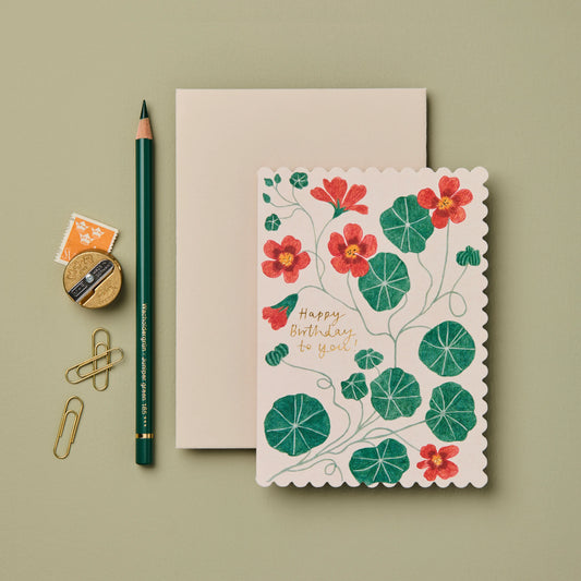 Geburtstagskarte Happy Birthday to you mit Blumenmotiv auf einem hellen Hintergrund.