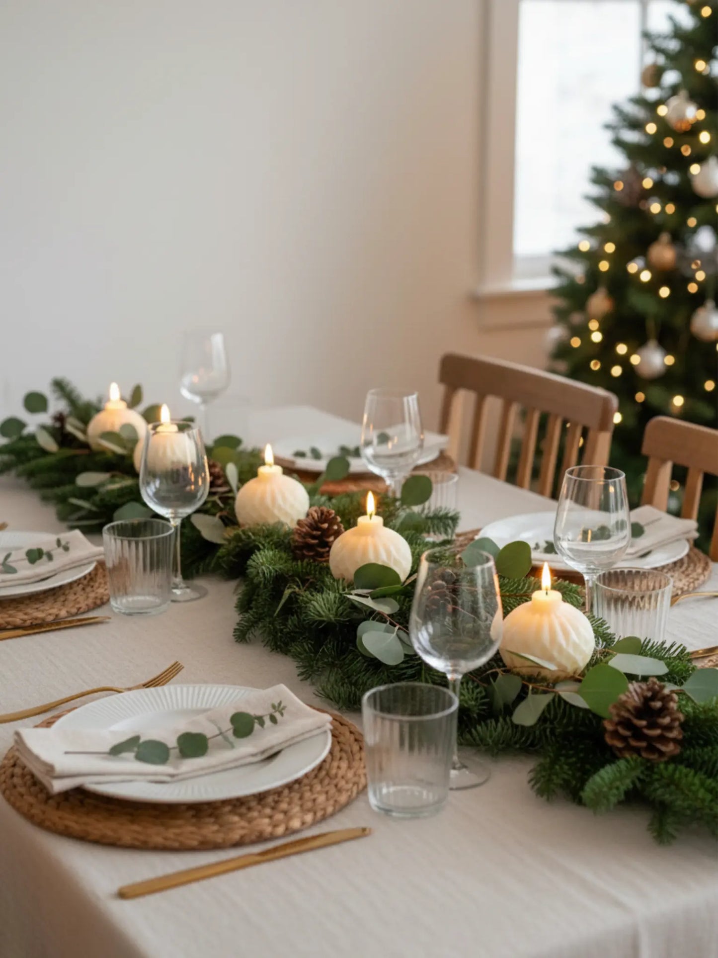 Weihnachtlich gedeckter Tisch mit Kerzen in Weihnachtskugel Form. 