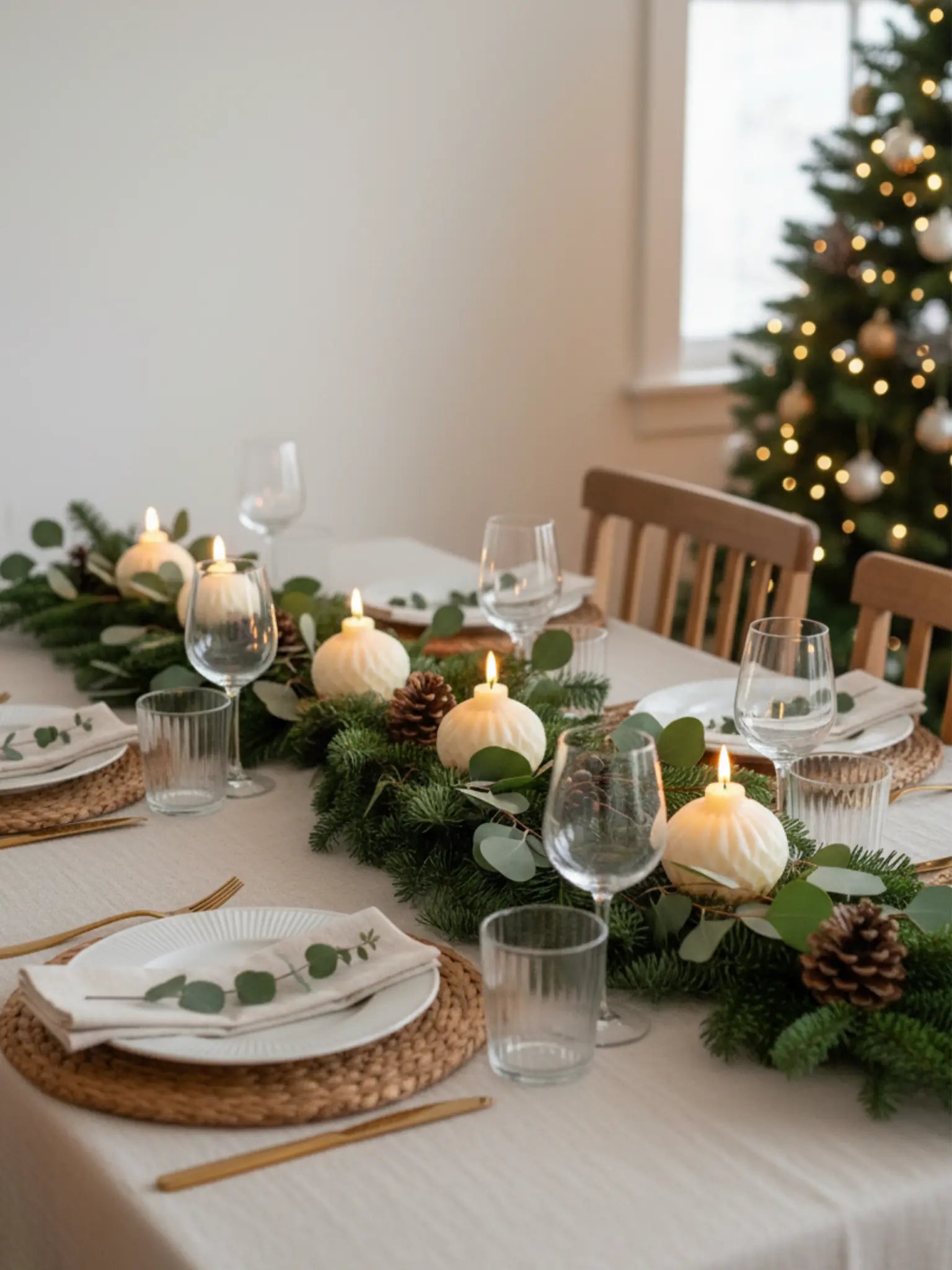 Weihnachtlich gedeckter Tisch mit Kerzen in Weihnachtskugel Form. 