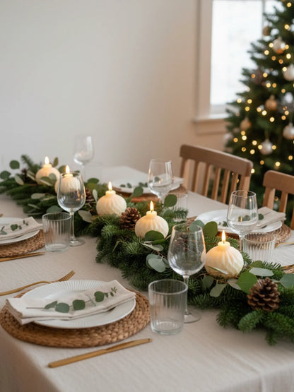 Weihnachtlich gedeckter Tisch mit Kerzen in Weihnachtskugel Form. 